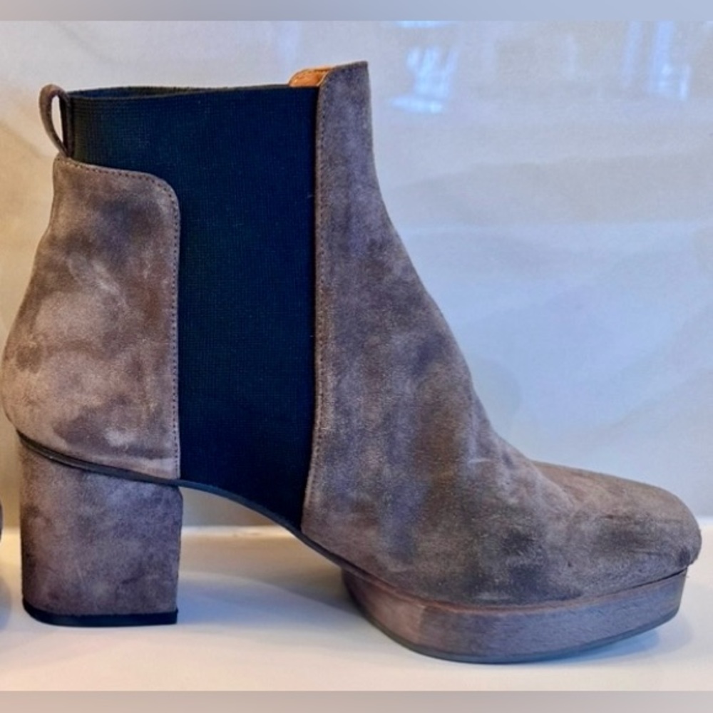 Coclico Suede Brown Ankle Boots Block Heel 37.5 Black Stretch Panel Boho